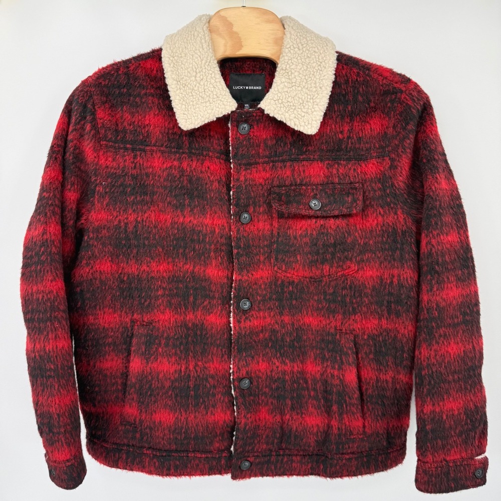 Lucky Brand Trucker Jacket Women XXL Red Plaid Sherpa Lined 128753 Fuzzy Coat